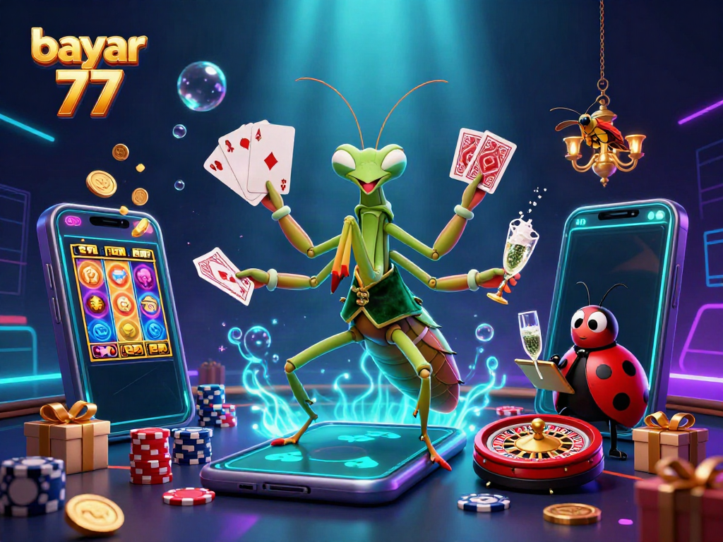 Engage with bayar 77 featuring a vibrant scene of gambling excitement and dynamic characters in action.