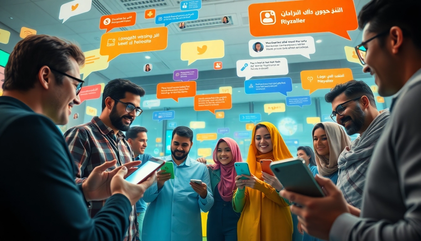محادثات عبر الإنترنت جذابة في شات الرياض، يشارك فيها مستخدمون من خلفيات متنوعة يتفاعلون على أجهزة المحمول.