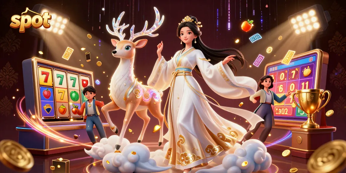 Spin the slot reels with a beautiful Asian woman in traditional hanfu, surrounded by golden elements.