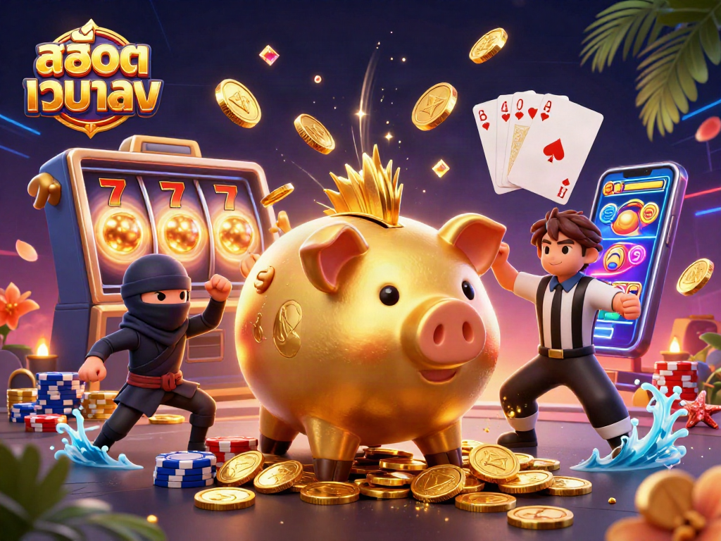 Experience excitement with สล็อตเว็บตรง featuring a dynamic scene of casino characters and golden rewards.