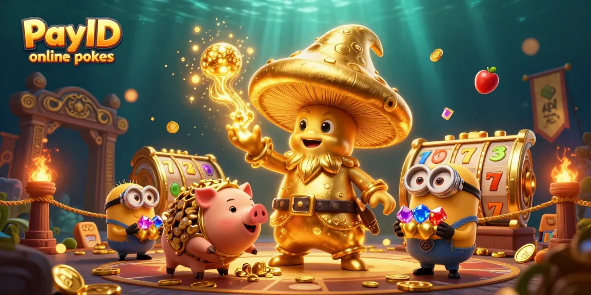 Experience the excitement of PayID online pokies with vibrant characters, slot reels, and treasure in a lively 3D scene.