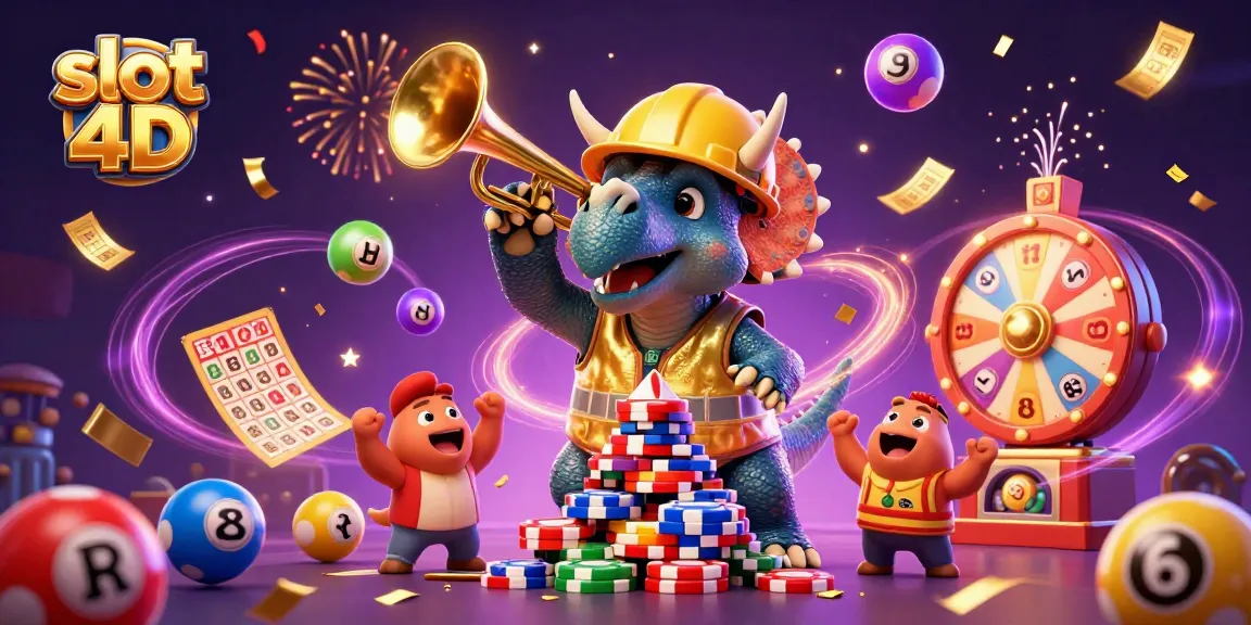 Engage with slot 4D excitement as a triceratops builds a pyramid of poker chips amidst lottery balls and confetti