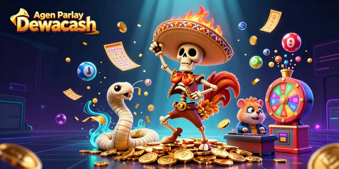 Agen Parlay Dewacash showcases a lively scene with a dancing rooster, mummy snake, and zombie hamster amid vibrant lottery elements for thrilling gaming.