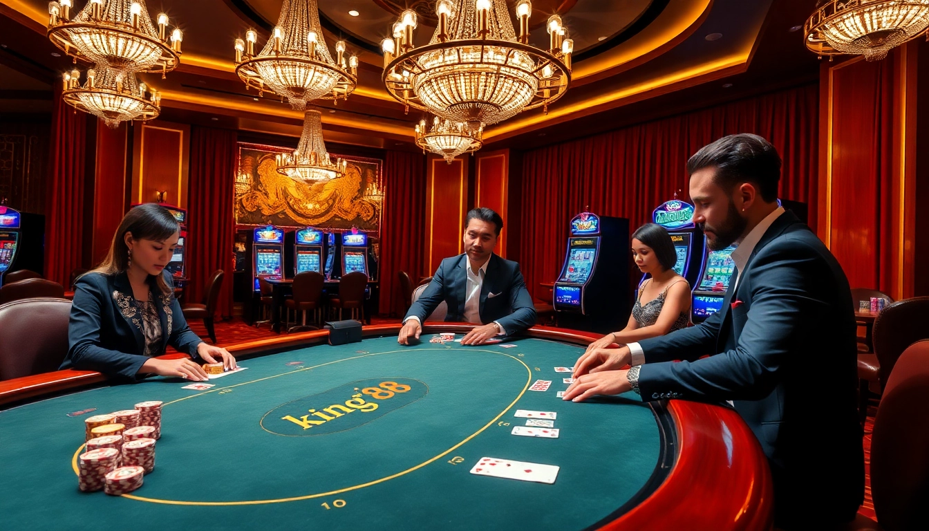 Feel the excitement at king 88's luxurious poker table filled with vibrant chips and intense gameplay.