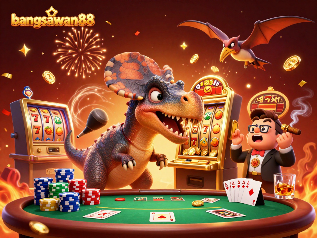bangsawan88 jackpot celebration scene with dinosaurs and casino elements in dynamic action