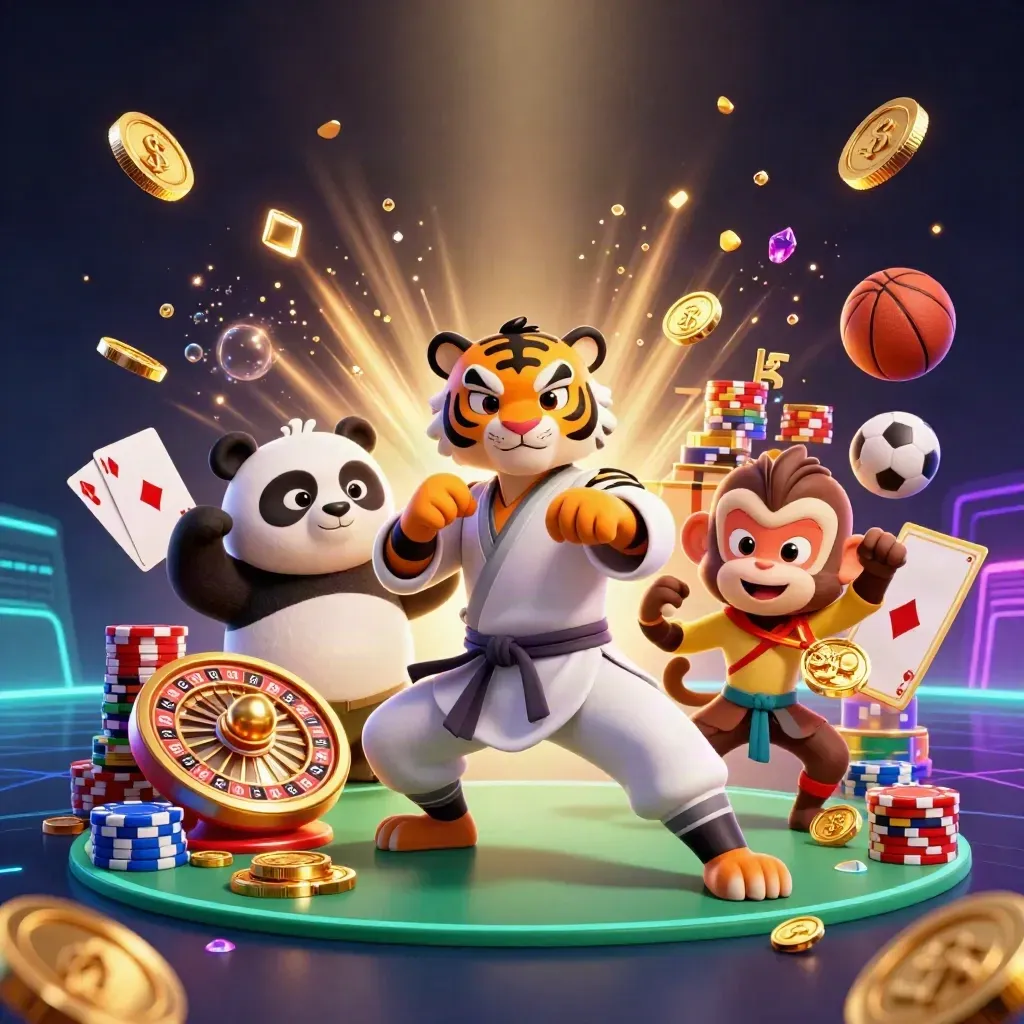 Kung-fu tiger, panda, and monkey amid casino props, coins, cards, and neon glow.