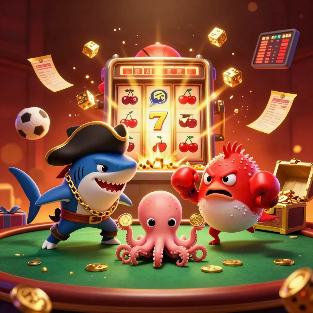 Pirate shark, pufferfish boxer, and octopus amid exploding casino symbols and gold coins