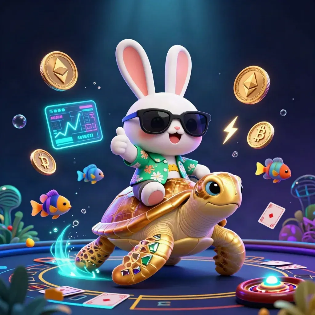 Lucky rabbit rides a golden sea turtle amid neon casino tech and underwater glow.