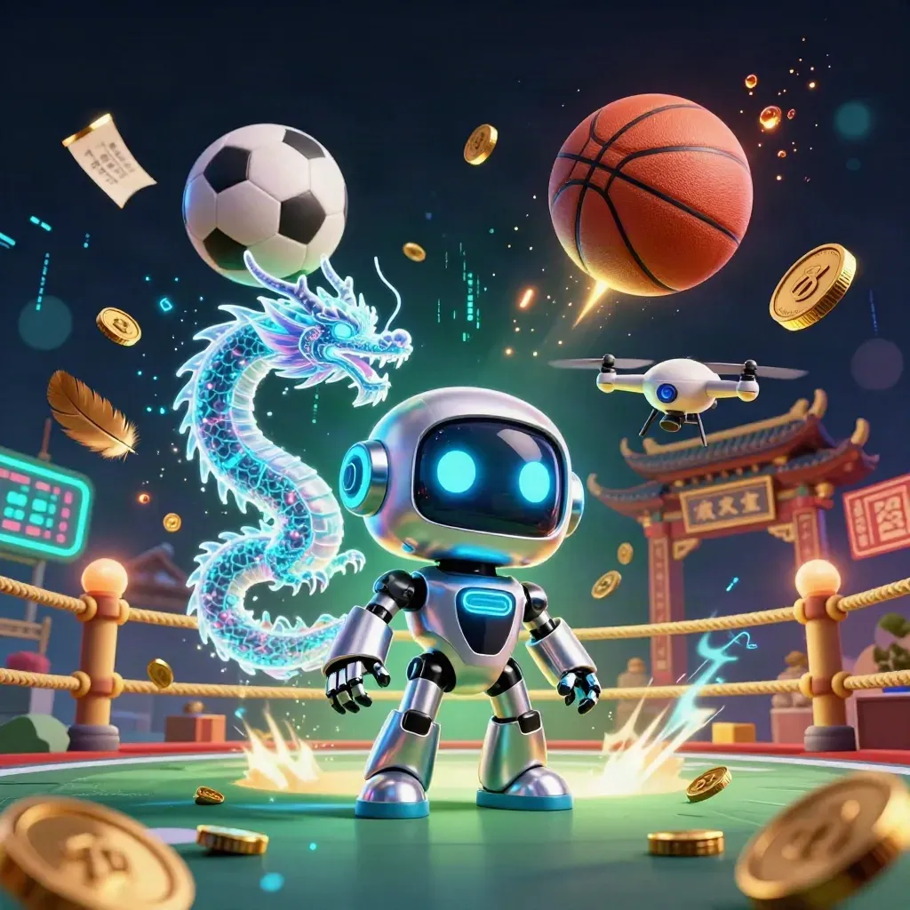 Cyberpunk robot, holographic dragon and coin drone amid balls, coins, and neon casino energy.