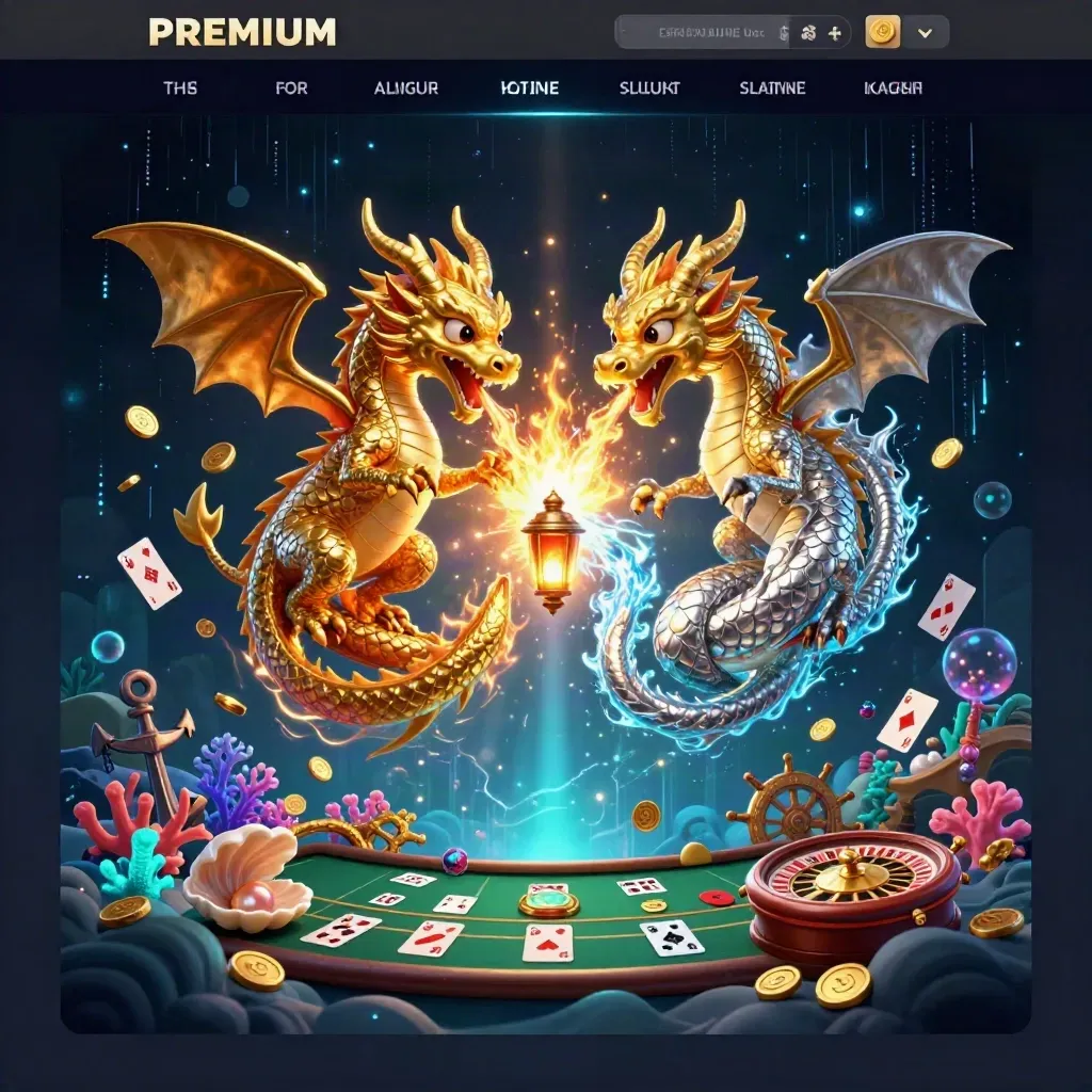 Twin gold and silver dragons spiral over a treasure cove with casino table elements and neon glow.