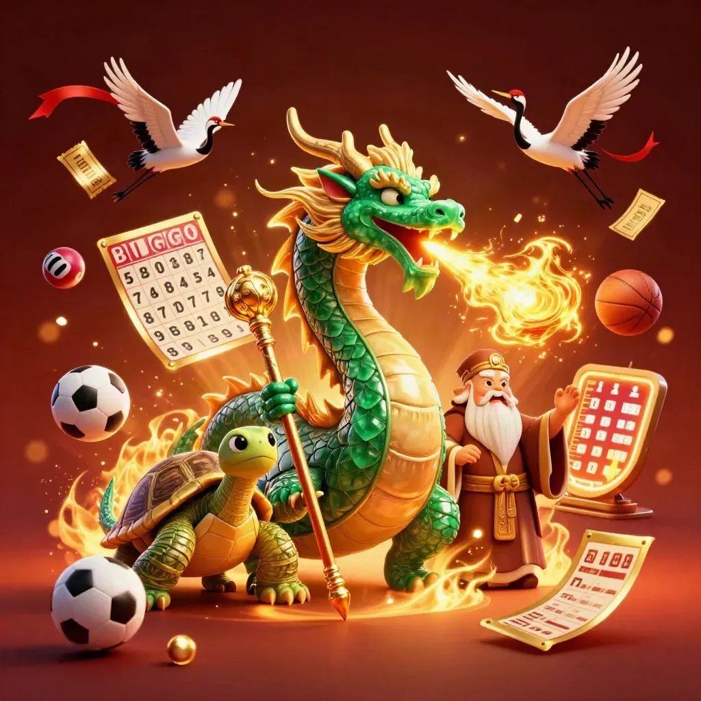 Dragon, turtle sage, cranes, and casino props burst in fire and gold glow.