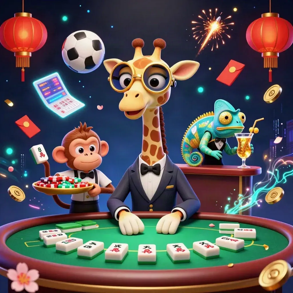 Anthro giraffe, monkey valet, and chameleon bartender amid glowing casino props and sports gear