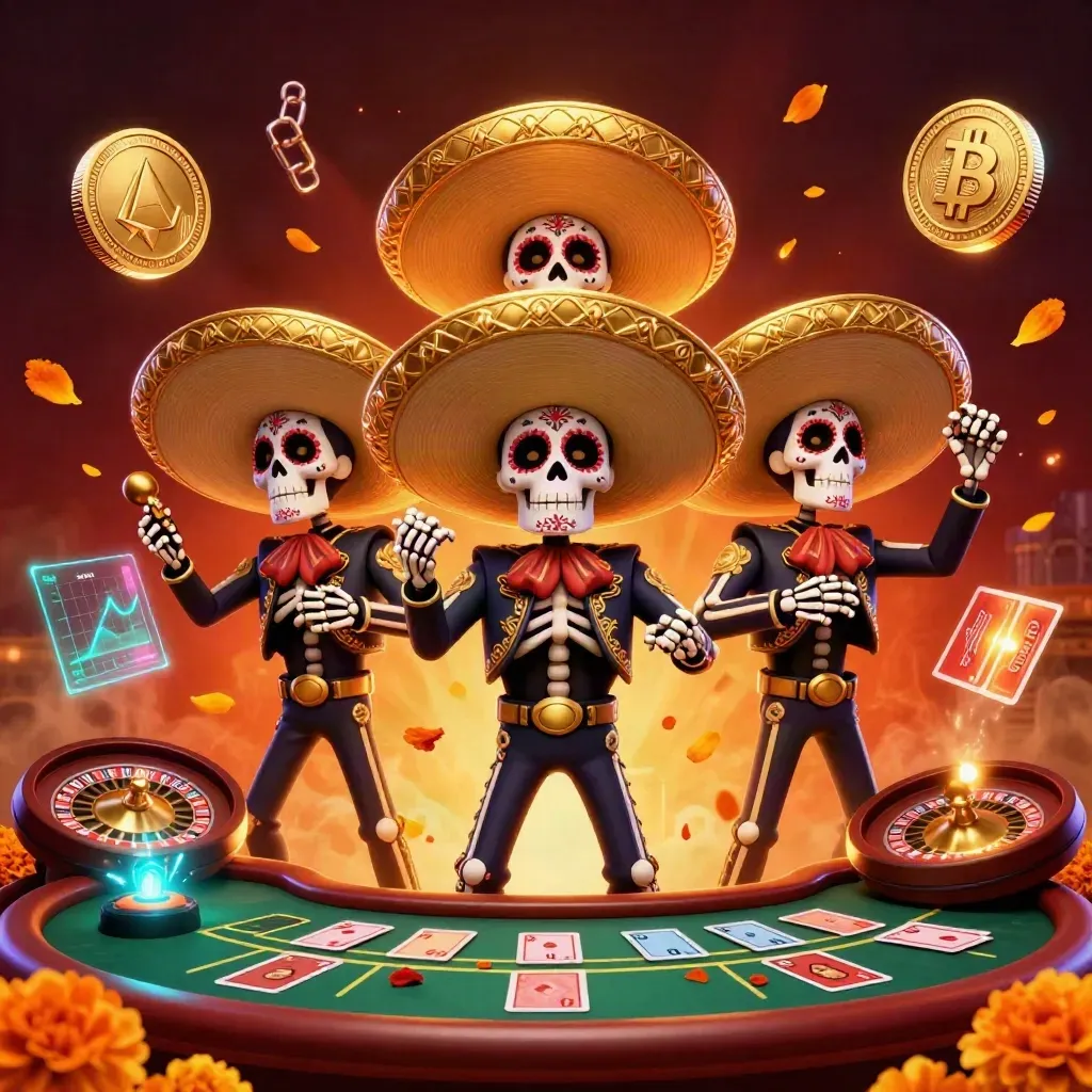 Skeleton mariachi trio amid casino relics, neon coins, roulette spin, ember-lit crimson glow
