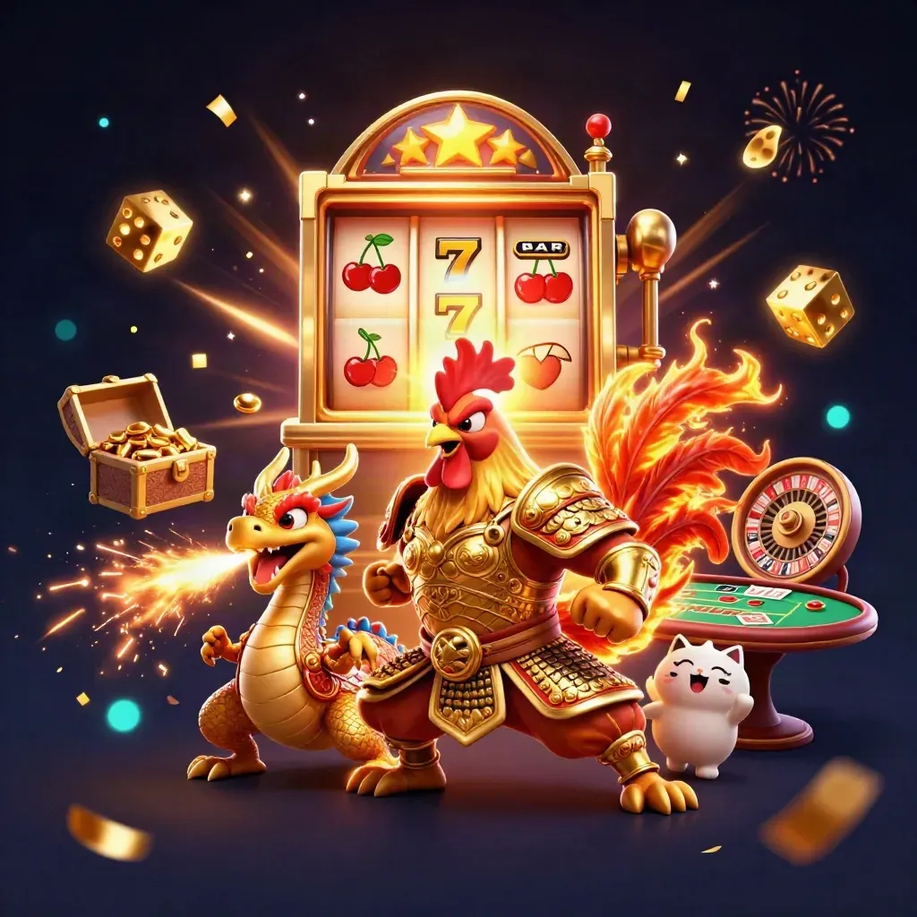 Rooster samurai, spark-breathing dragon hatchling and lucky cat amid casino loot and glowing effects.