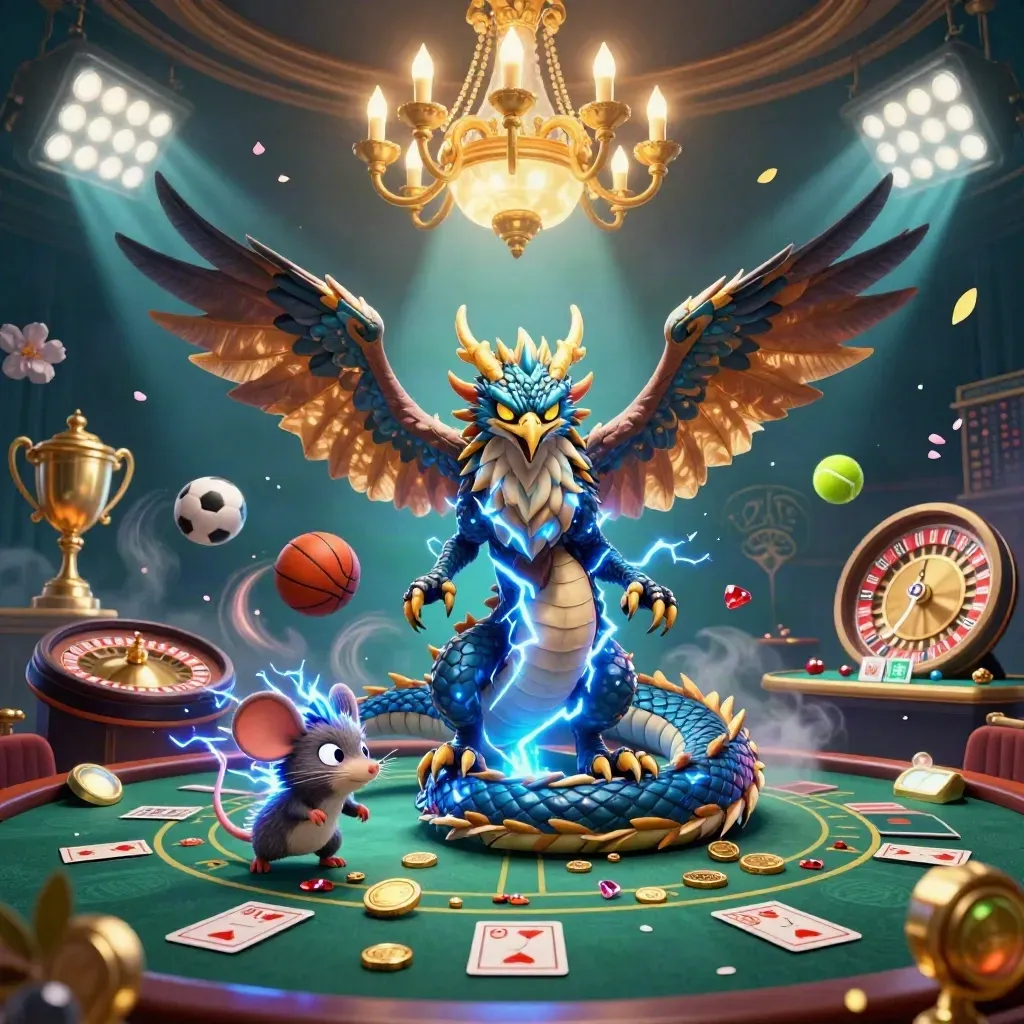 Dragon, hawk, and static mouse over a luxe casino room with coins, lights, and magical drift.