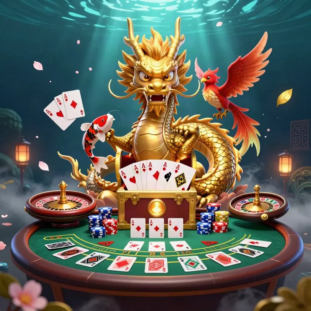 Golden dragon, phoenix, and koi in a luxe casino scene with glowing table elements.