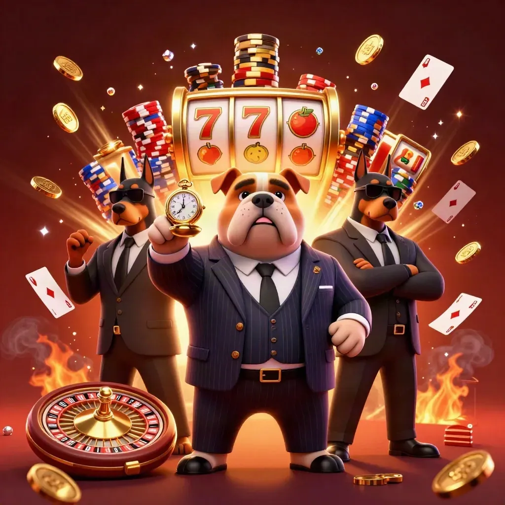 Bulldog boss and Doberman guards amid coins, chips, cards, roulette, and fiery casino glow.