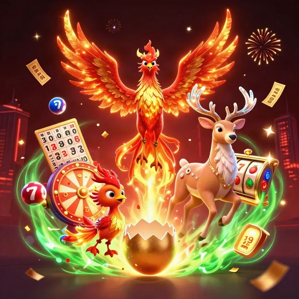Fire phoenix, hatching baby phoenix, and crystal-antler stag amid casino lights and game props