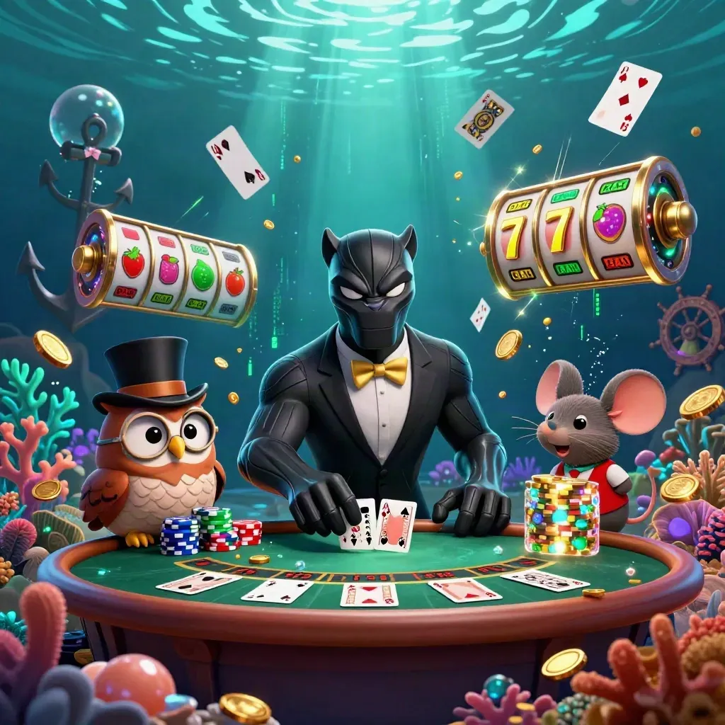 Panther dealer, owl gambler, and mouse amid gold coins, coral, cards, and glowing underwater reels.