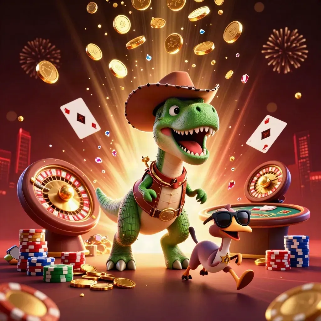 Cowboy T-Rex, cactus sidekick, and roadrunner burst amid gold coins, chips, cards, and a spinning roulette wheel.
