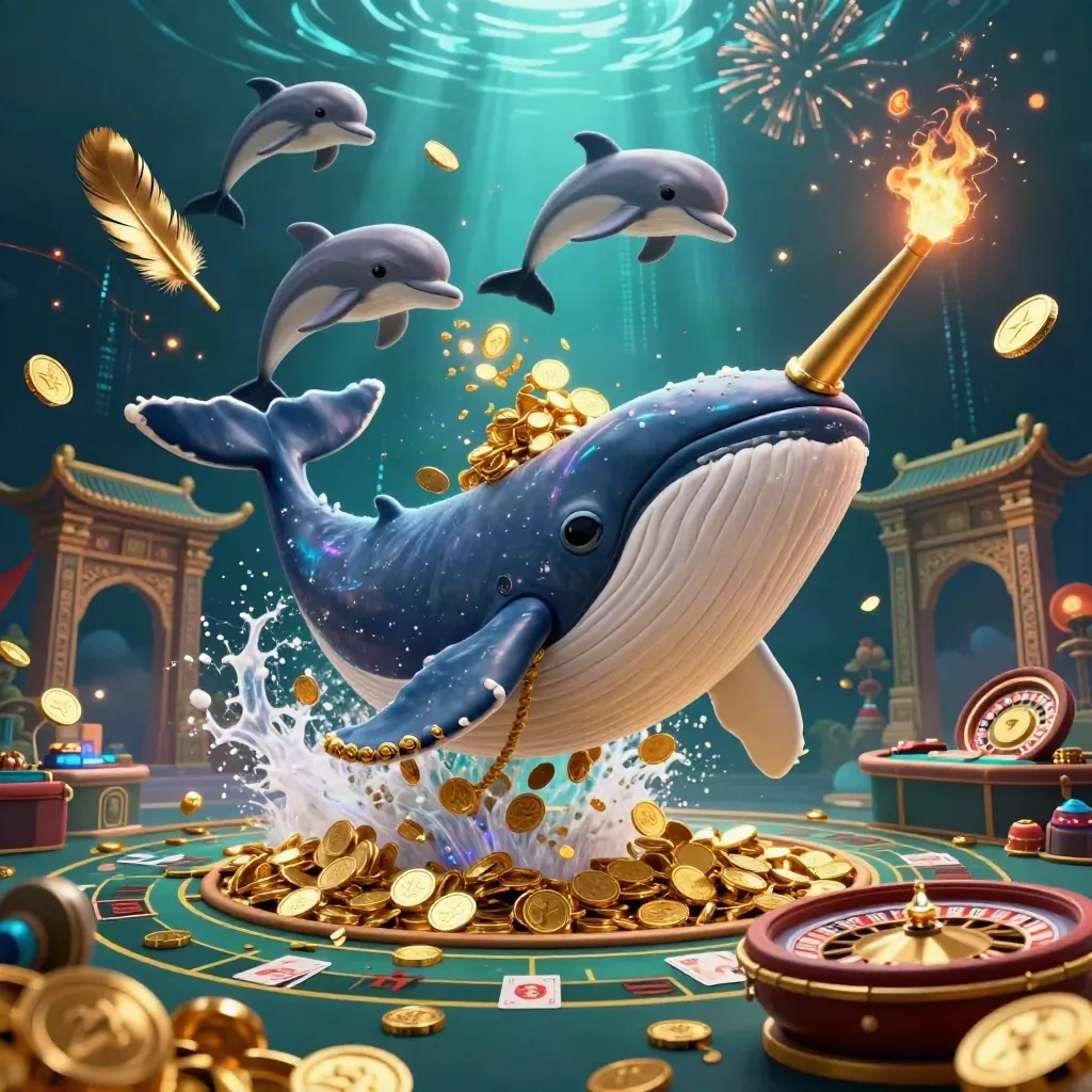 Whale captain, narwhal, and dolphins burst through coins with casino props and fireworks underwater.