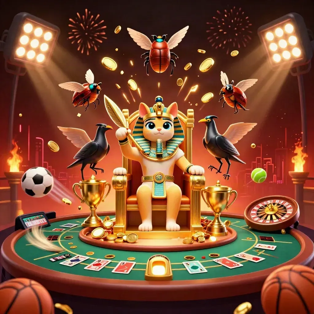 Pharaoh cat, ibis scribe, and gem-wing scarabs amid coins, fireworks, and casino game elements.