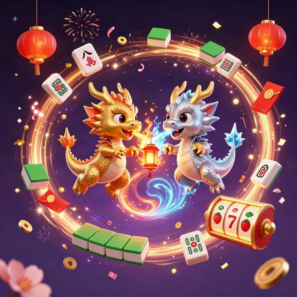 Twin gold and silver dragons swirl in a fiery icy yin-yang with casino charms and sparkles.