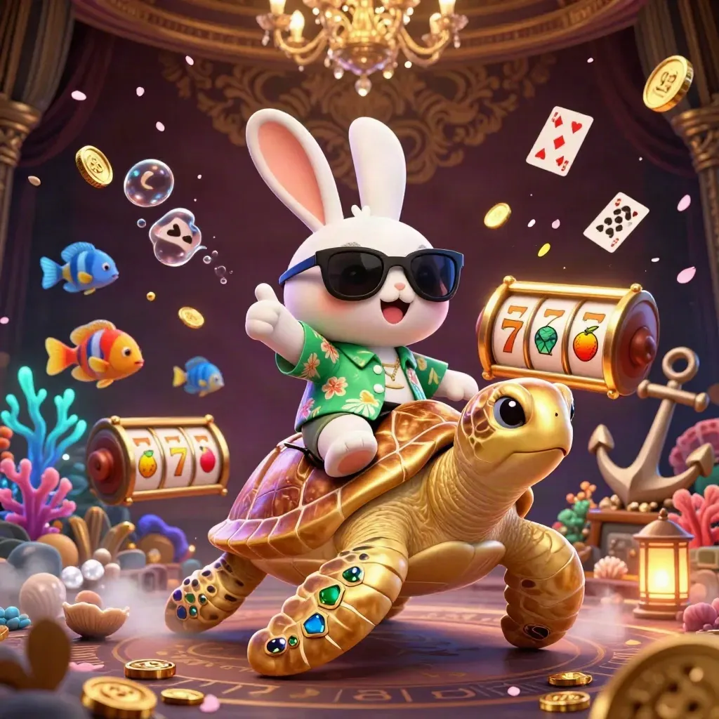 Lucky rabbit rides a jeweled sea turtle through a glowing underwater casino treasure cove.