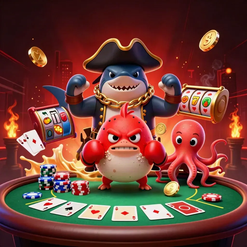 Shark pirate, boxing pufferfish and juggling octopus over a blackjack table with chips and slot symbols.