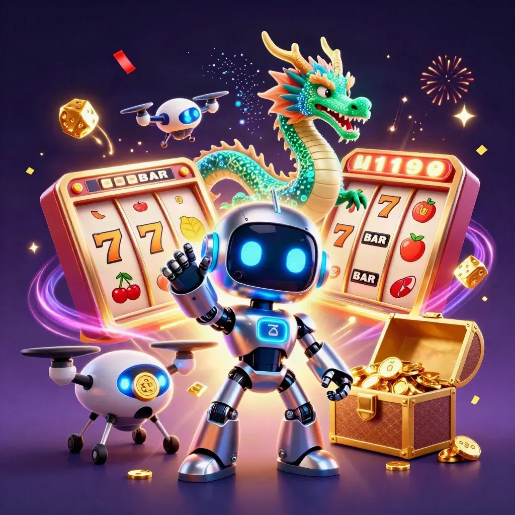 Cyberpunk robot, holographic dragon and coin drone amid jackpot slot machine bursts