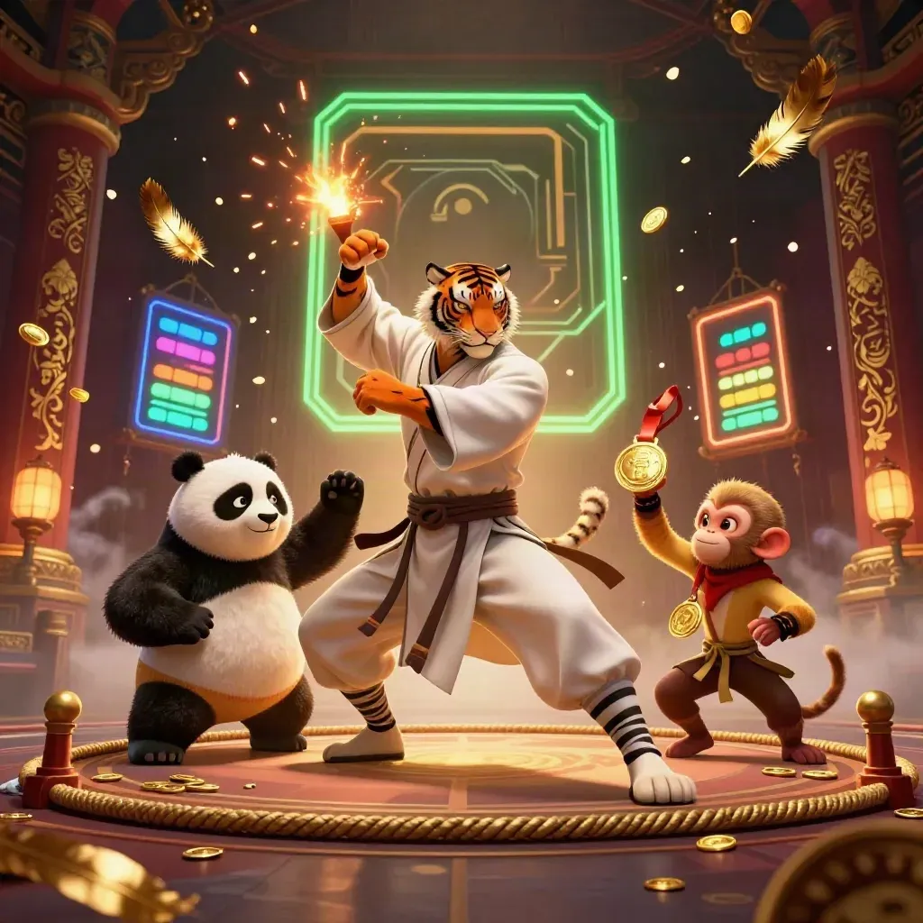 Tiger, panda, and monkey in a dramatic kung-fu pose with coins, reels, and gold glow