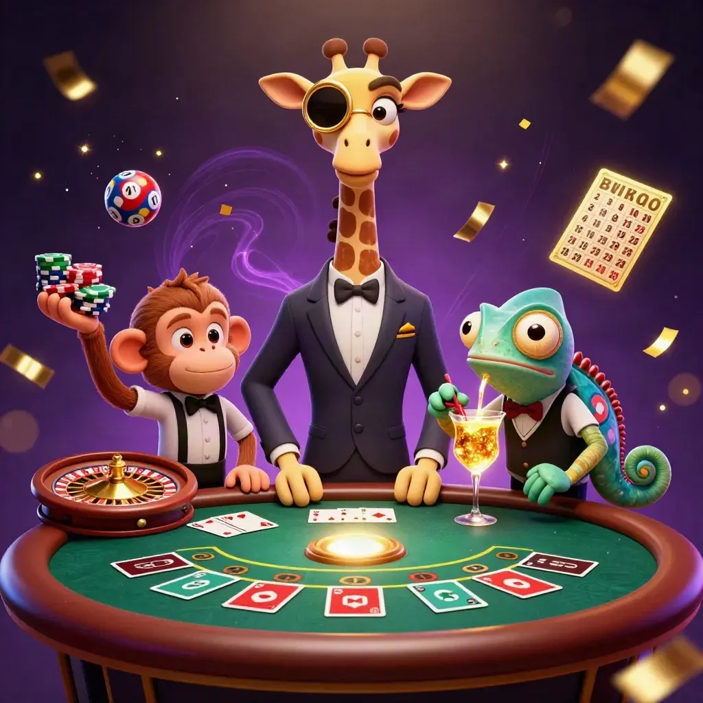 Giraffe, monkey, and chameleon at a glowing casino table with roulette, cards, and gold effects.