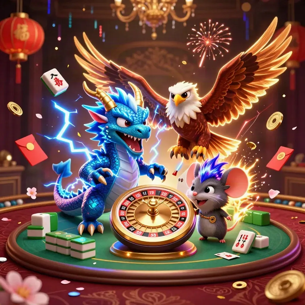 Thunder dragon, wind hawk, and static mouse around a glowing roulette button in casino-gold light.