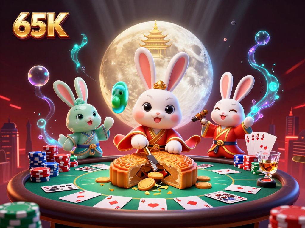 Os personagens do 65K jogando pôquer em um cenário lunar vibrante e colorido.