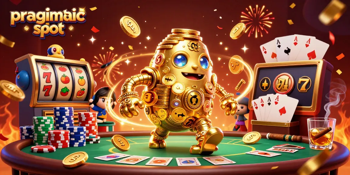 Engage with the thrilling pragmatic slot showcasing a golden golem, vibrant reels, and poker elements.