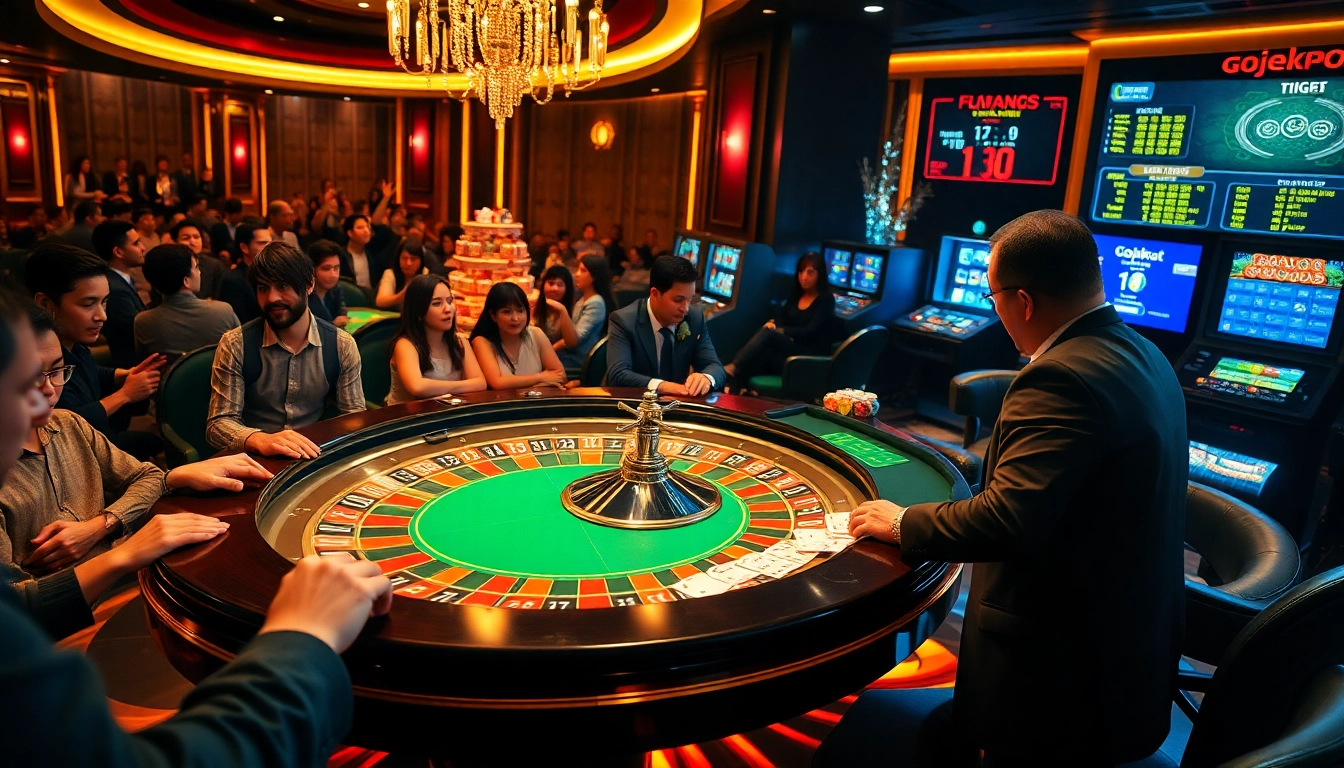 Experience the thrill of gojekpot at a luxurious casino table with vibrant colors and excited players.
