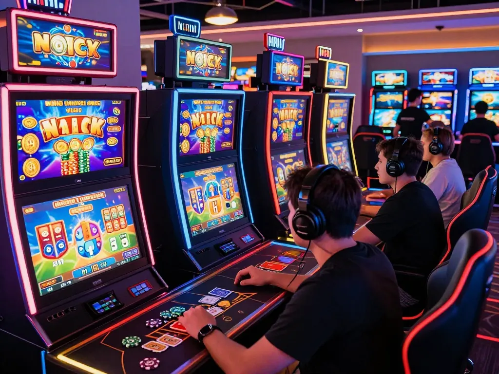 Scene permainan yang menarik menampilkan pemain slot gacor yang terlibat dengan mesin yang cerah dan suasana yang mendalam.
