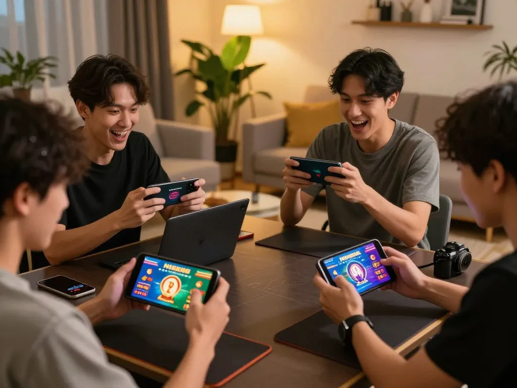 NK88 players enjoying thrilling online casino games on mobile devices in a modern home.