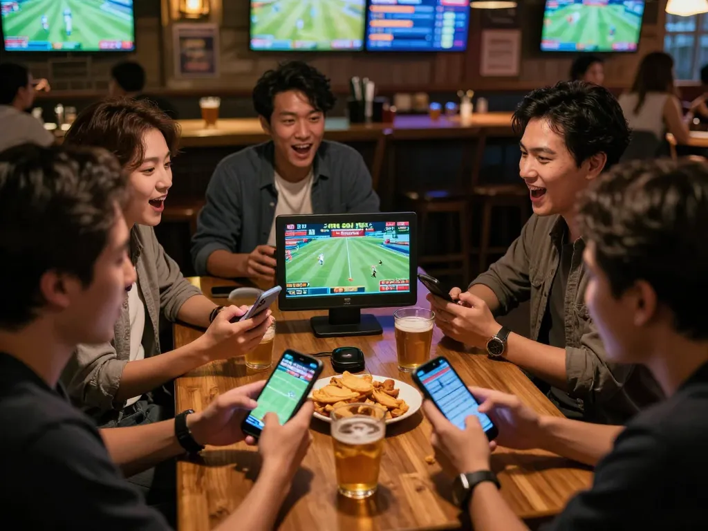 Engaging sports betting scene discussing 'tin soi kèo' with friends in a vibrant atmosphere