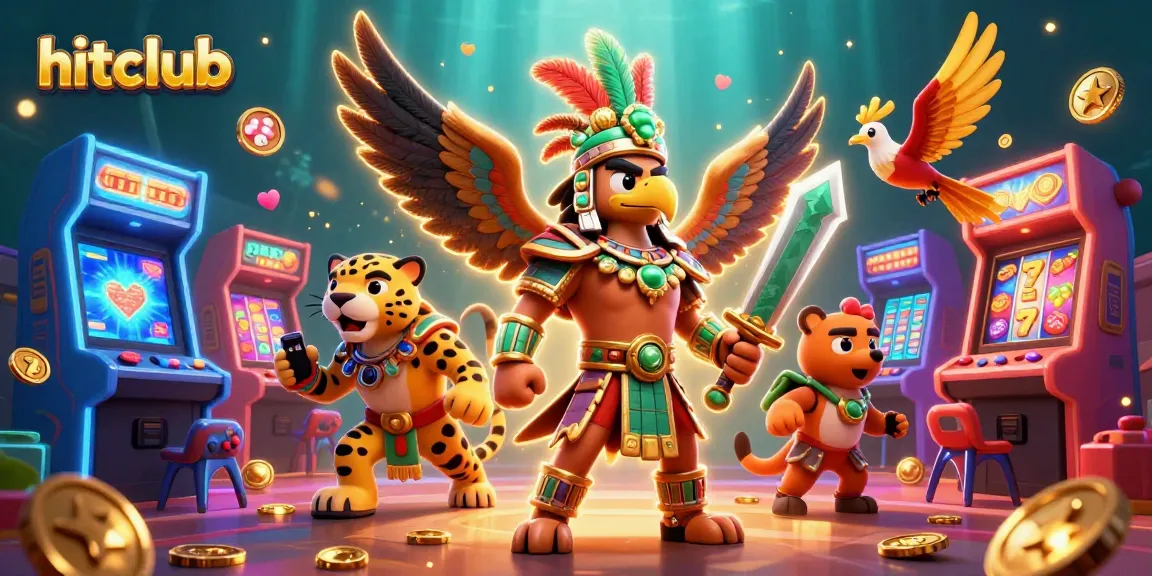 Hitclub features vibrant Aztec warriors in a bustling casino gaming scene with slot elements.