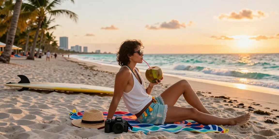Pengunjung https://miami4d.com/ bersantai di pantai Miami menikmati suasana senja dengan palem dan layang-layang.