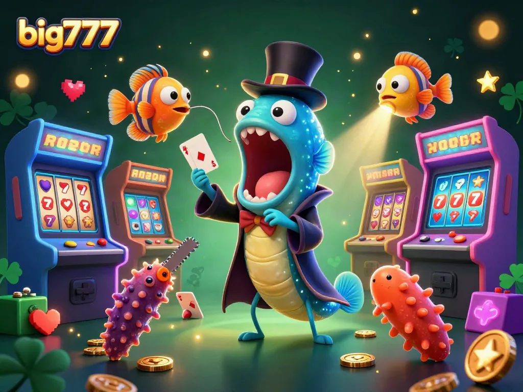 Join big777 in a vibrant casino scene with a lively gulper eel magician and anglerfish spotlighting exciting jackpots.
