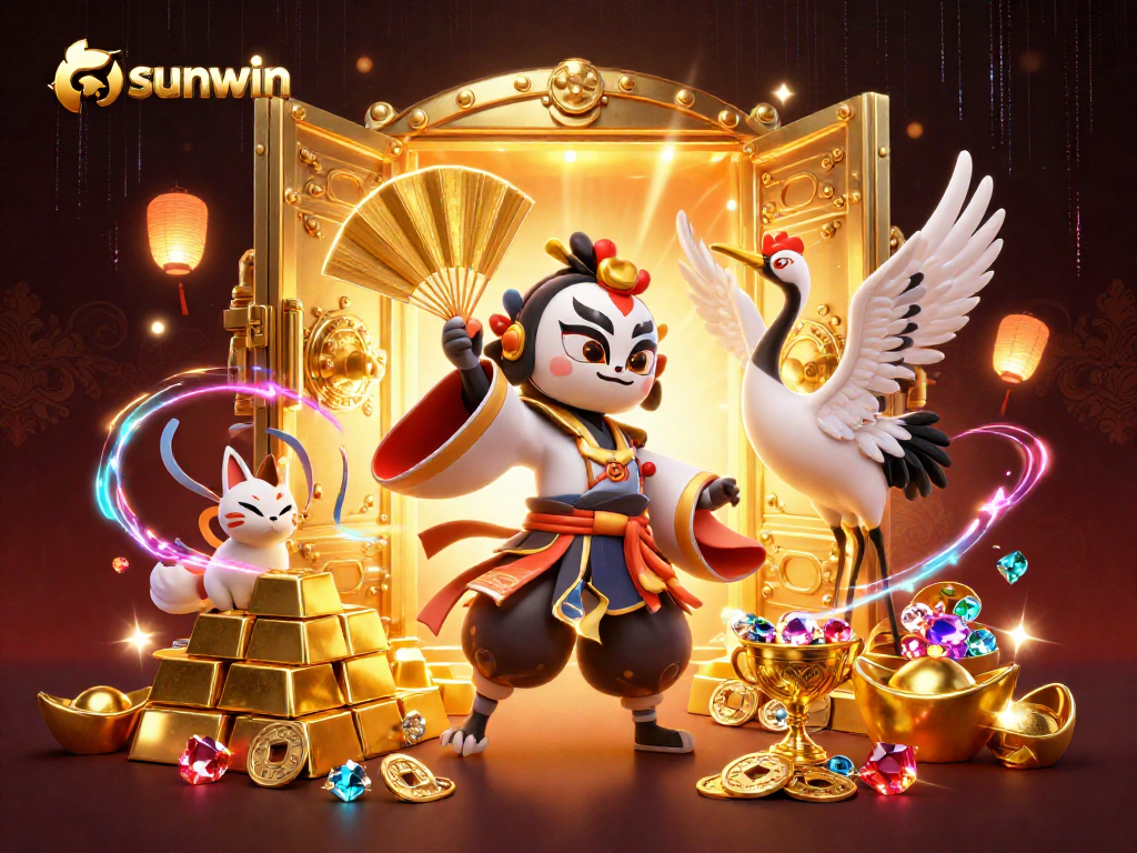 Experience the thrill of sunwin as a kabuki warrior and kitsune mask explore a treasure-filled, vibrant casino scene.