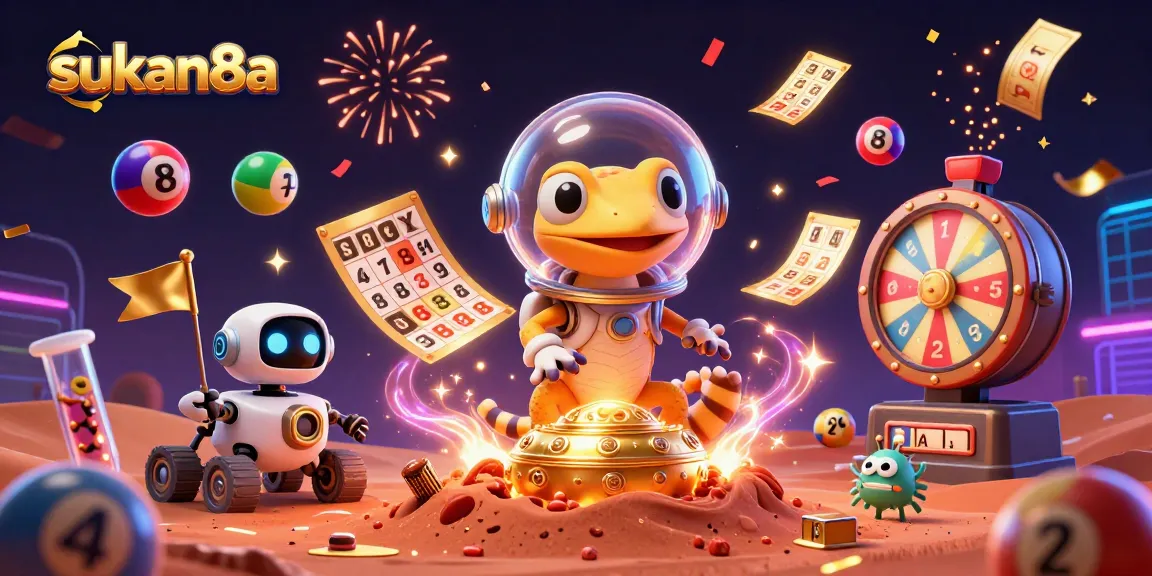 Sukan8a showcases the Martian gecko celebrating a jackpot discovery amidst vibrant casino elements, enhancing the gaming experience.