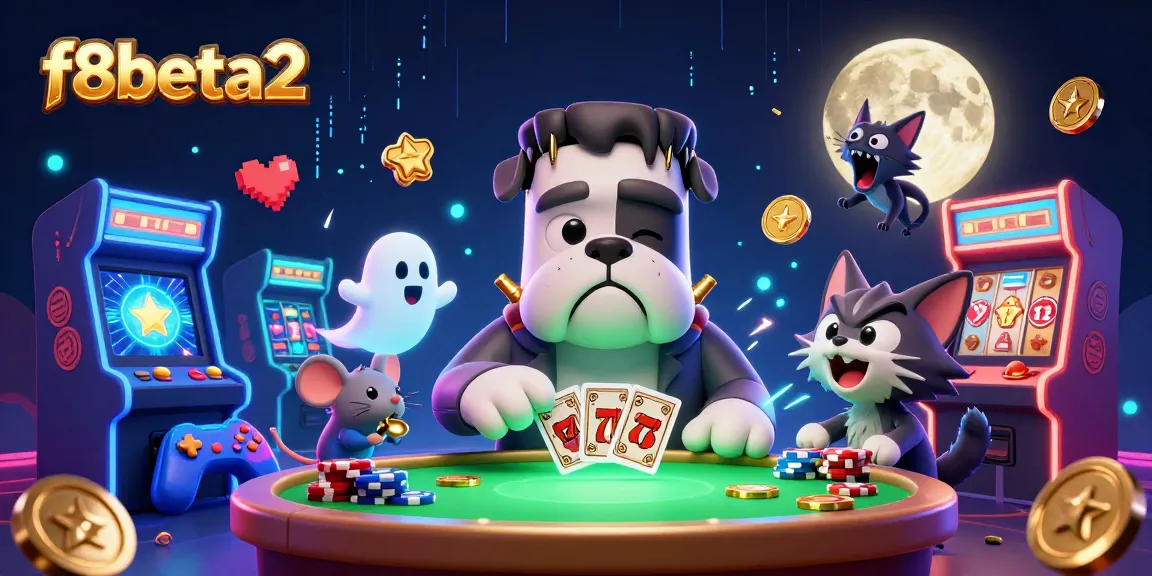 Join the fun at f8beta2 as a Frankenstein bulldog deals cards amidst glowing machines and casino symbols.