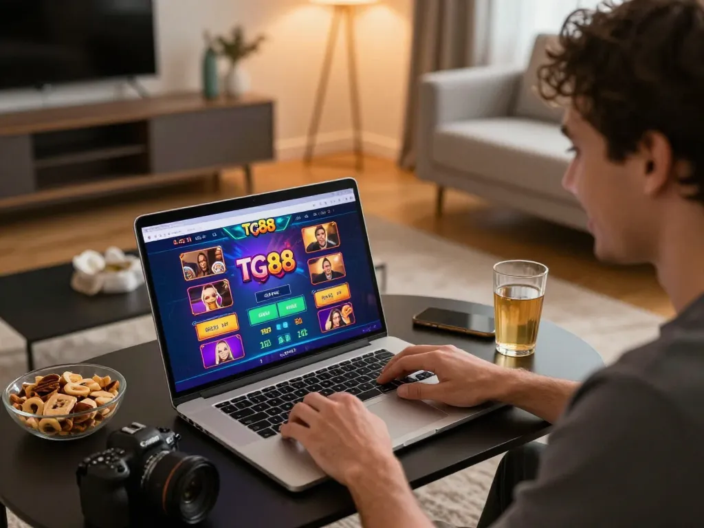Engaging gameplay on the tg88 platform, showcasing a player's joyful betting experience at home