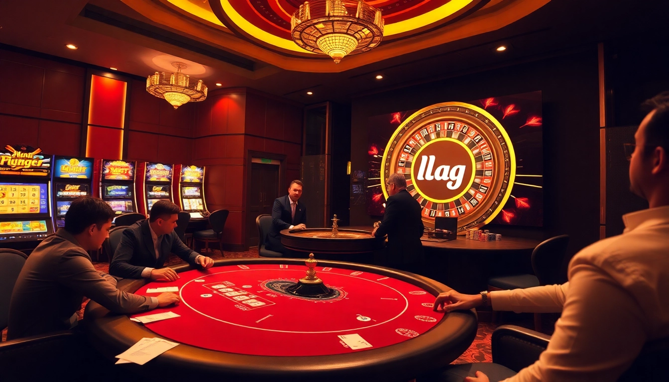 Experience the thrilling ambiance of a casino with a focus on Mag Login, featuring intense poker players and vibrant slot machines.
