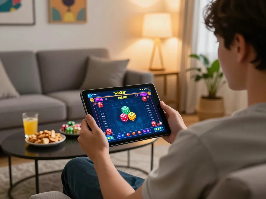 Engaging win88 tài xỉu game session on tablet in a cozy home setting with snacks and drinks