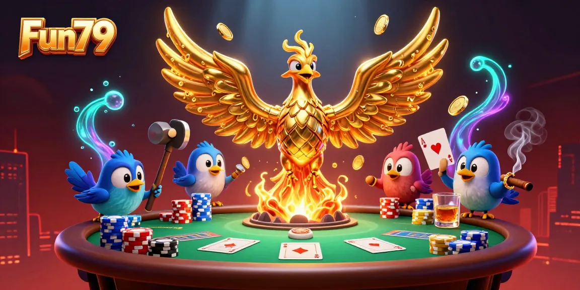 Experience Fun79 with a golden phoenix and poker elements in a vibrant casino scene.