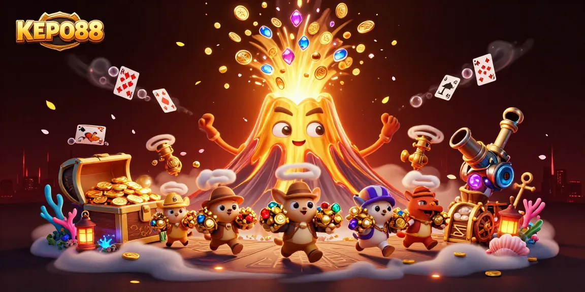 Spin the reels at KEPO88 while a golden volcano erupts with treasures in this vibrant 3D illustration.
